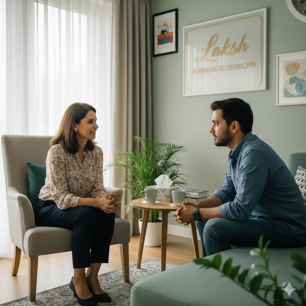 A caregiver and client in conversation in a living room