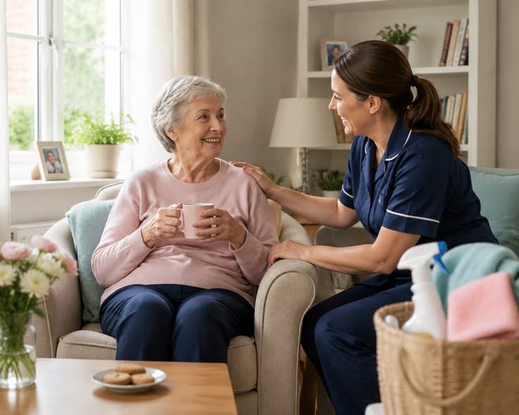 A caregiver using calm de-escalation techniques with a client