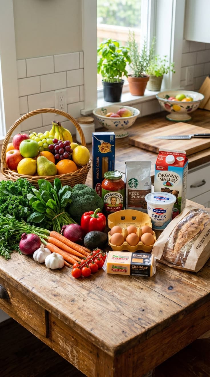 Fresh groceries laid out for a week of heart-healthy meals