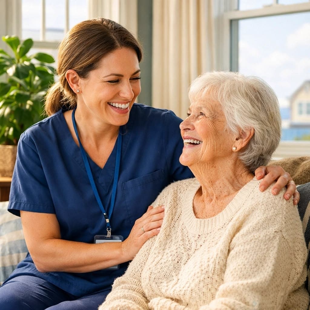A caregiver spending time with an older adult on a sunlit porch