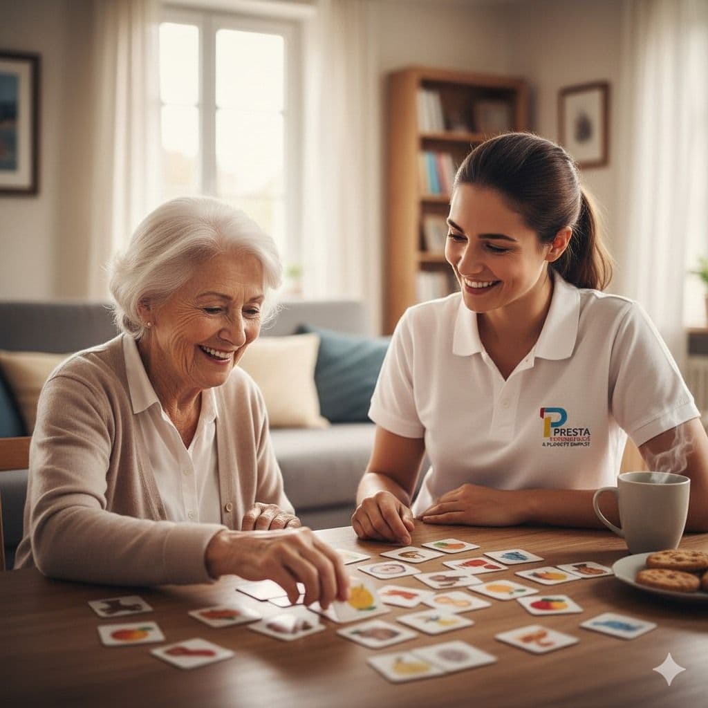 A caregiver sharing a card game and conversation with an older adult