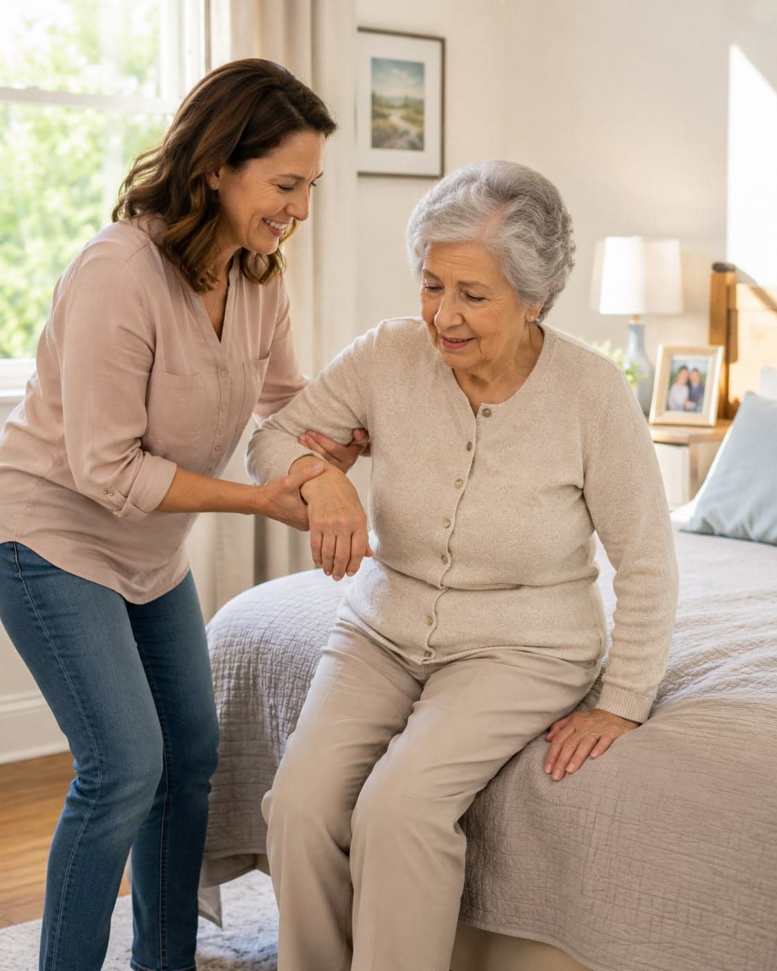 A caregiver assisting an older adult with mobility support at home