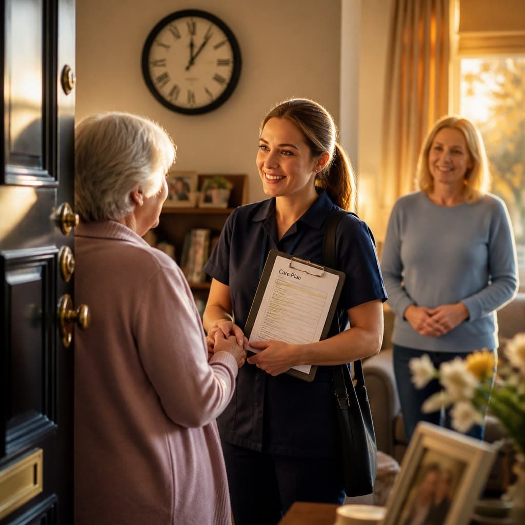 A family caregiver handing off care notes to a respite caregiver
